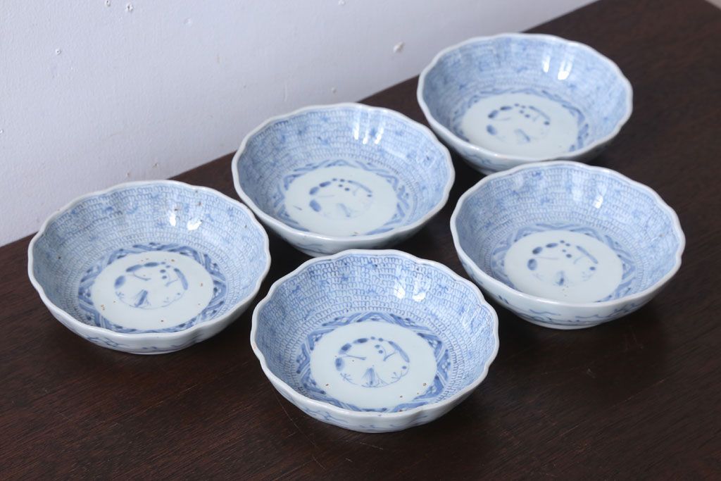 アンティーク雑貨　古民具・骨董　江戸後期　成化年製　微塵唐草なます皿5枚セット