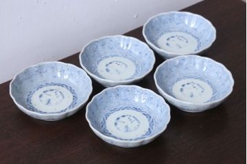 アンティーク雑貨　古民具・骨董　江戸後期　成化年製　微塵唐草なます皿5枚セット