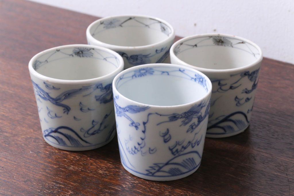 アンティーク雑貨　古民具・骨董　江戸後期　染付　雲龍図　蕎麦猪口4客セット