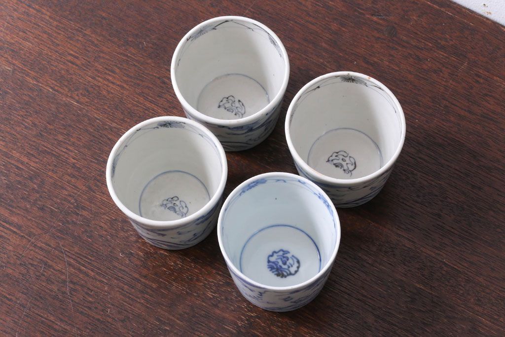 アンティーク雑貨　古民具・骨董　江戸後期　染付　雲龍図　蕎麦猪口4客セット