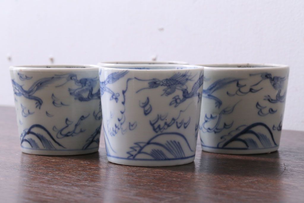 アンティーク雑貨　古民具・骨董　江戸後期　染付　雲龍図　蕎麦猪口4客セット