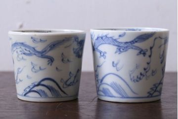 アンティーク雑貨　古民具・骨董　江戸後期　染付　雲龍図　蕎麦猪口4客セット