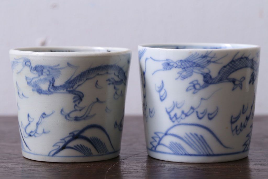 アンティーク雑貨　古民具・骨董　江戸後期　染付　雲龍図　蕎麦猪口4客セット