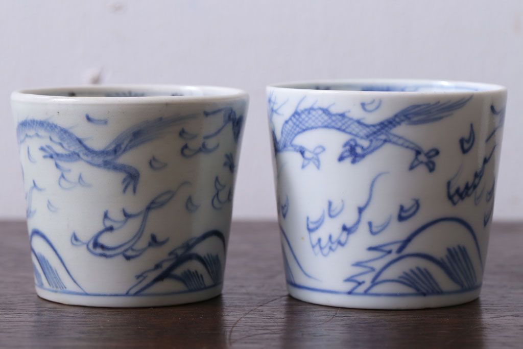 アンティーク雑貨　古民具・骨董　江戸後期　染付　雲龍図　蕎麦猪口4客セット