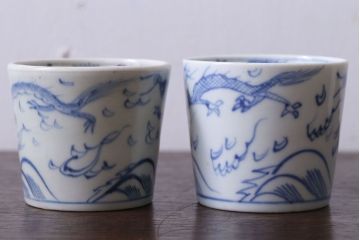 アンティーク雑貨　古民具・骨董　江戸後期　染付　雲龍図　蕎麦猪口4客セット
