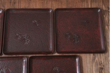アンティーク雑貨　和製アンティーク　大正昭和初期　鎌倉彫の木製盆5枚セット