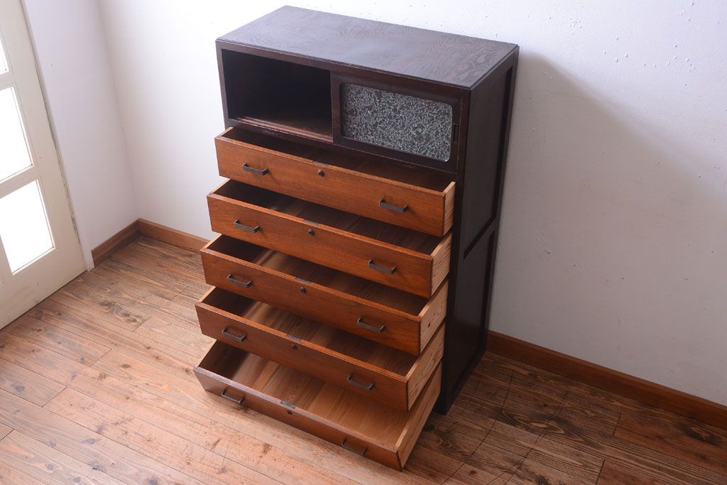 レトロ家具　昭和レトロ　結霜ガラス入り!古い木製のアンティークチェスト