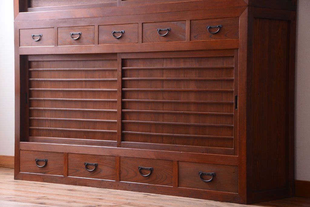 アンティーク家具　古民具・骨董　明治〜大正　岐阜県産　前面檜材!上品な二段重ね六尺水屋箪笥