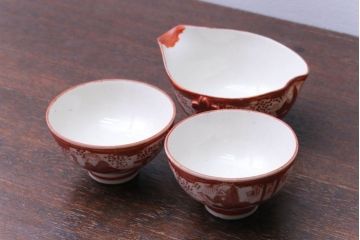 アンティーク雑貨　古民具・骨董　明治〜大正　九谷赤絵茶碗など3点セット