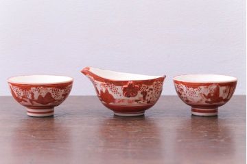 アンティーク雑貨　古民具・骨董　明治〜大正　九谷赤絵茶碗など3点セット