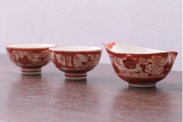 アンティーク雑貨　古民具・骨董　明治〜大正　九谷赤絵茶碗など3点セット