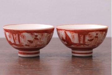 アンティーク雑貨　古民具・骨董　明治〜大正　九谷赤絵茶碗など3点セット
