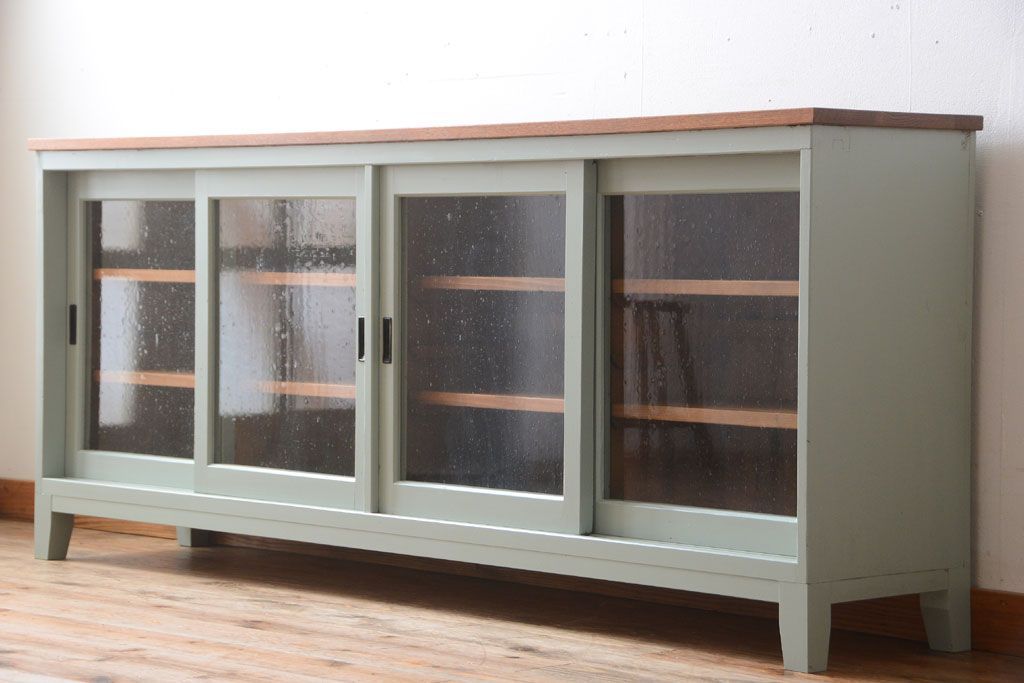 アンティーク家具　アンティークペイント　気泡ガラス入り!4枚扉のカウンターテーブル(2)