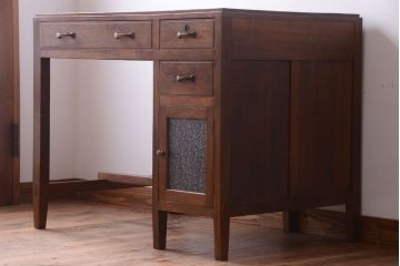レトロ家具　和製アンティーク　ダイヤガラス入り!古いカバ材製のレトロな片袖机(勉強机・デスク)