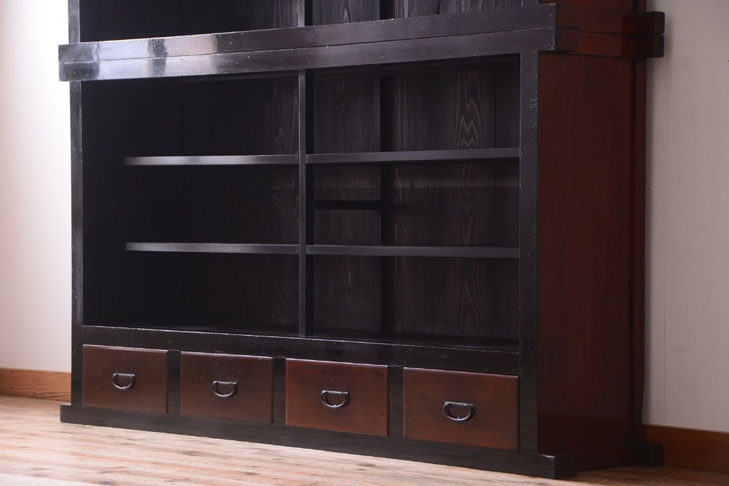 アンティーク家具　六尺　和製アンティーク　大正　引き出し付きの古い2段重ね飾り棚(水屋箪笥)