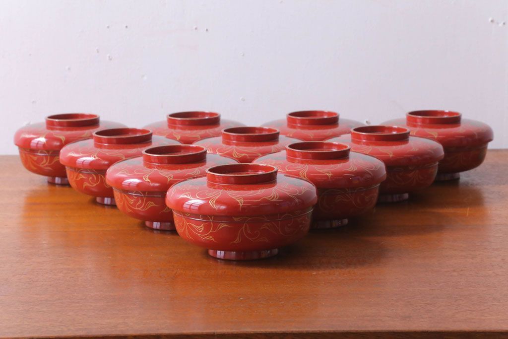 輪島塗 小鉢 向付 10客 朱塗 海老蒔絵 希少漆器 輪島塗 木製 溜塗 生