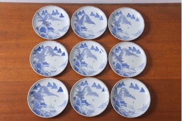 アンティーク雑貨　古民具・骨董　幕末〜明治期　山水図染付　6寸皿9枚セット