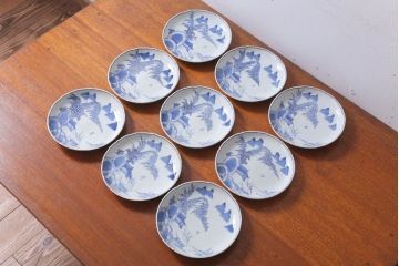 アンティーク雑貨　古民具・骨董　幕末〜明治期　山水図染付　6寸皿9枚セット
