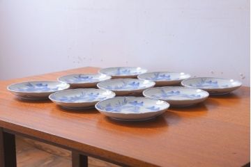 アンティーク雑貨　古民具・骨董　幕末〜明治期　山水図染付　6寸皿9枚セット
