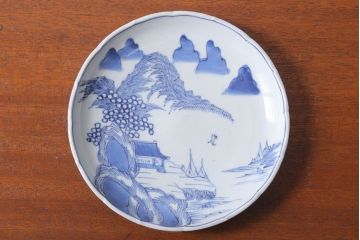 アンティーク雑貨　古民具・骨董　幕末〜明治期　山水図染付　6寸皿9枚セット