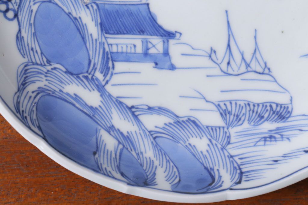 アンティーク雑貨　古民具・骨董　幕末〜明治期　山水図染付　6寸皿9枚セット