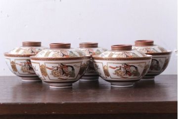 アンティーク雑貨　古民具・骨董　明治〜大正　九谷 色絵蓋茶碗5客セット
