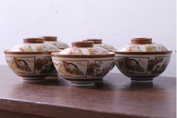 アンティーク雑貨　古民具・骨董　明治〜大正　九谷 色絵蓋茶碗5客セット