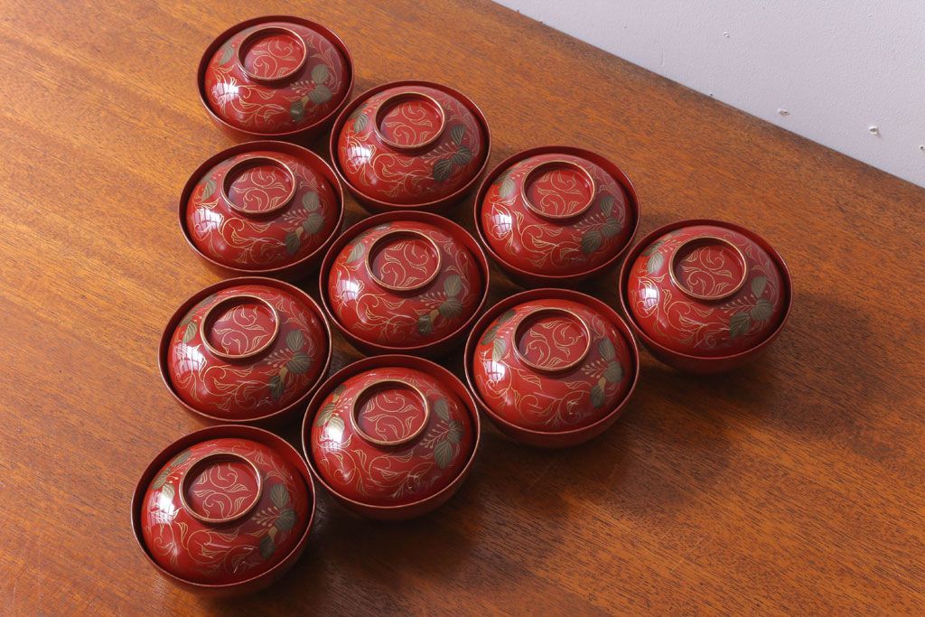 アンティーク雑貨　和製アンティーク　昭和十四年　輪島朱塗　桐蒔絵の木製椀10客(2)