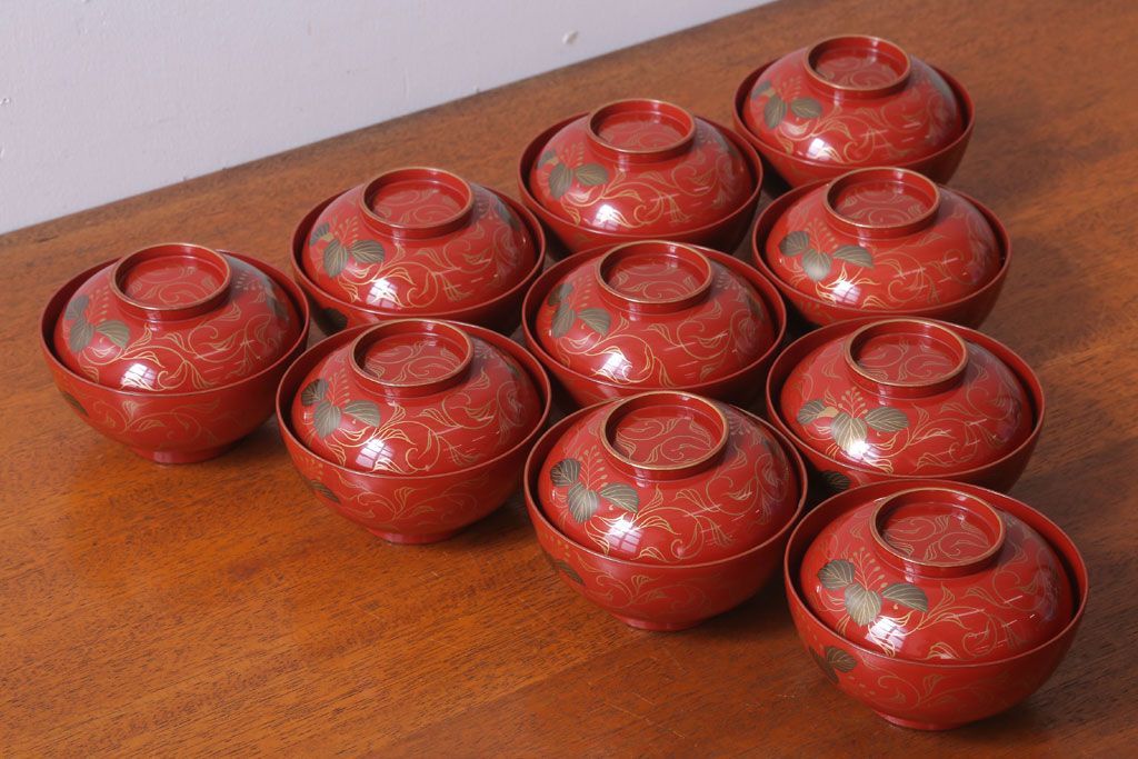 アンティーク雑貨　和製アンティーク　昭和十四年　輪島朱塗　桐蒔絵の木製椀10客(2)