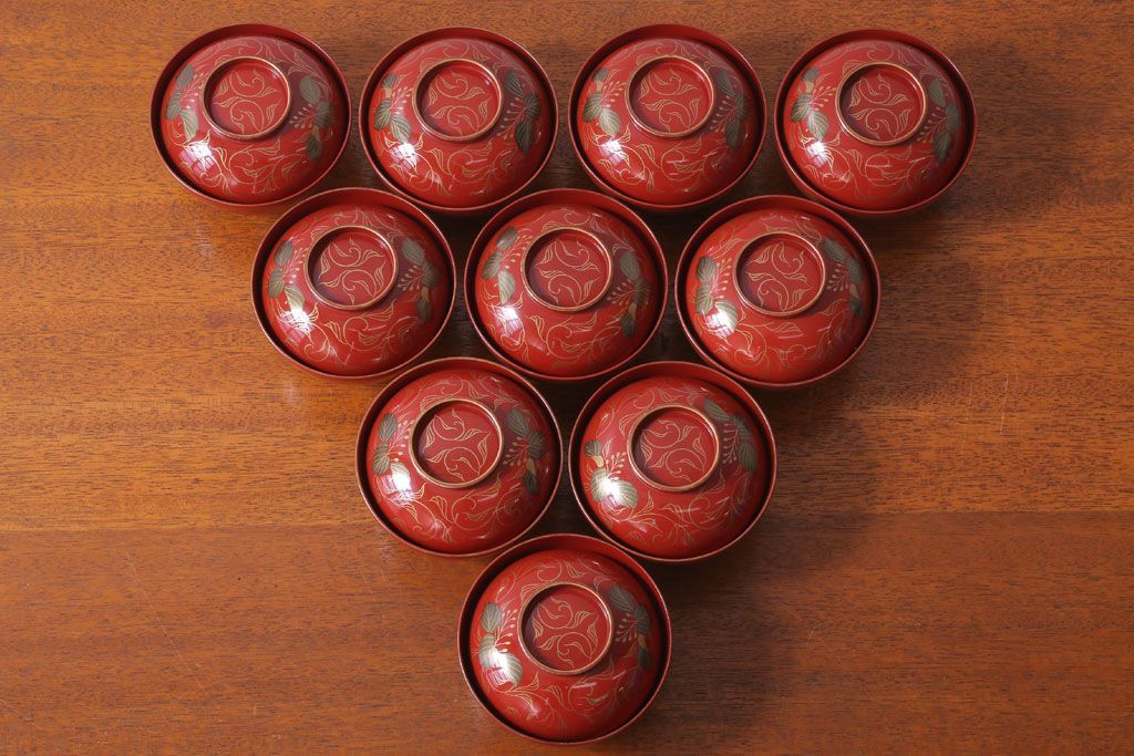 アンティーク雑貨　和製アンティーク　昭和十四年　輪島朱塗　桐蒔絵の木製椀10客(2)