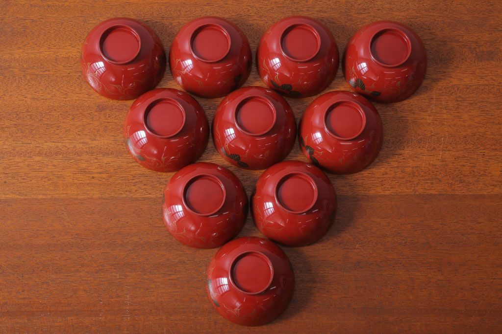 アンティーク雑貨　和製アンティーク　昭和十四年　輪島朱塗　桐蒔絵の木製椀10客(2)