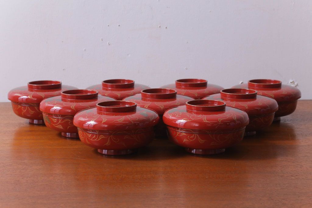 アンティーク雑貨　和製アンティーク　昭和十四年　輪島朱塗　桐蒔絵の木製椀9客