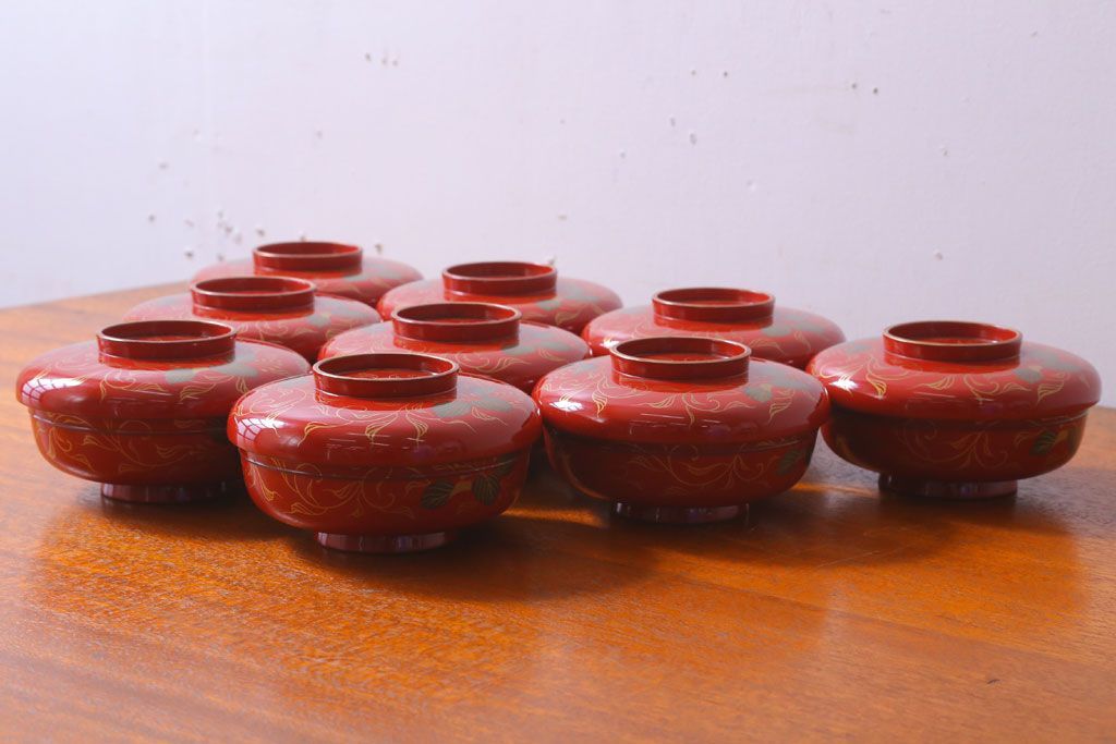 アンティーク雑貨　和製アンティーク　昭和十四年　輪島朱塗　桐蒔絵の木製椀9客