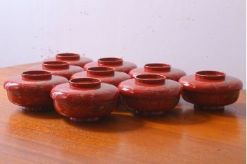アンティーク雑貨　和製アンティーク　昭和十四年　輪島朱塗　桐蒔絵の木製椀9客