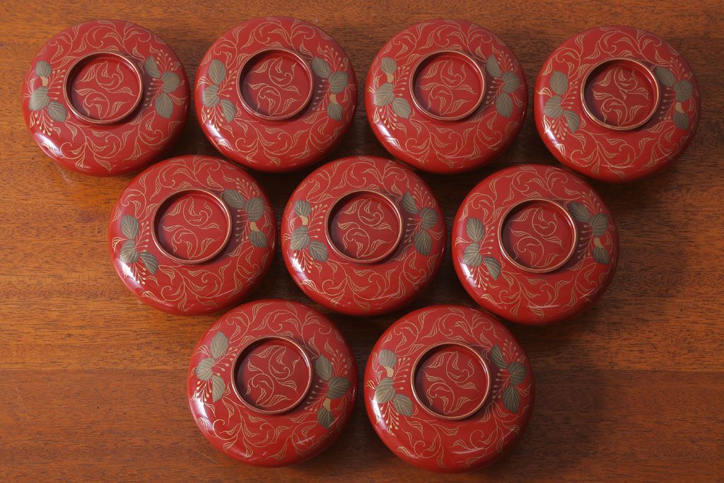 アンティーク雑貨　和製アンティーク　昭和十四年　輪島朱塗　桐蒔絵の木製椀9客