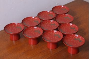 アンティーク雑貨　和製アンティーク　昭和十四年　輪島朱塗　桐蒔絵の木製香台10客セット