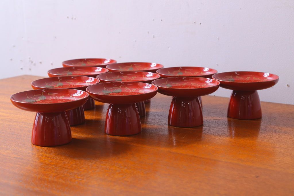アンティーク雑貨　和製アンティーク　昭和十四年　輪島朱塗　桐蒔絵の木製香台10客セット