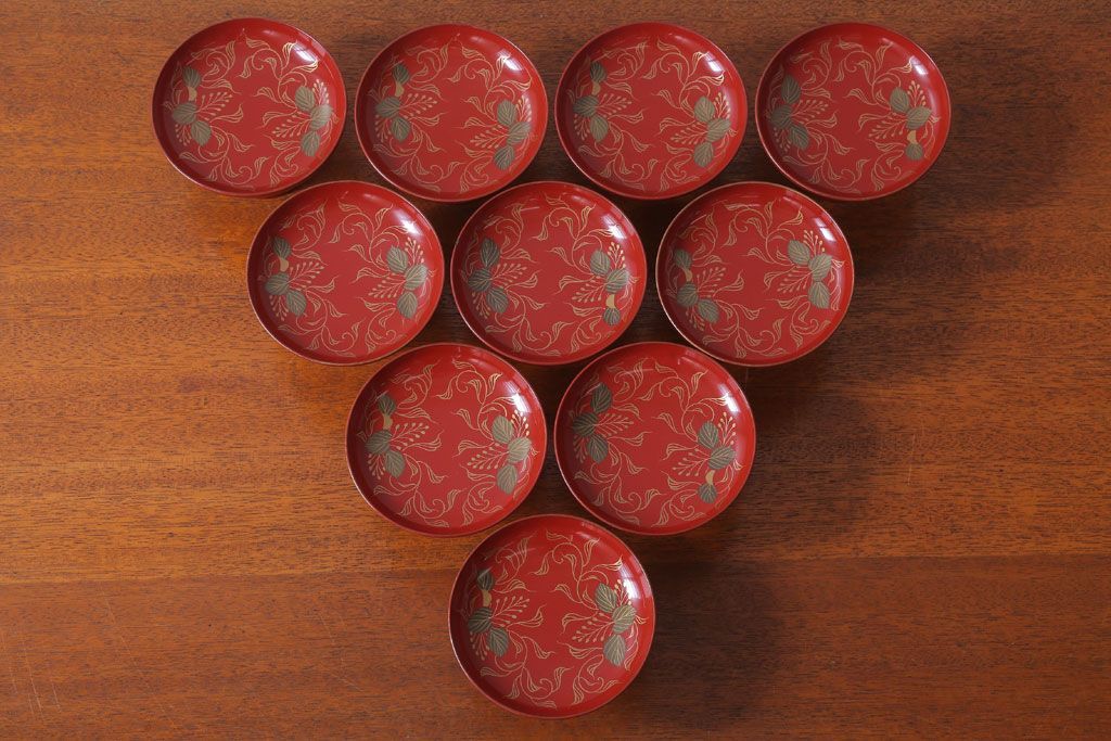 アンティーク雑貨　和製アンティーク　昭和十四年　輪島朱塗　桐蒔絵の木製香台10客セット