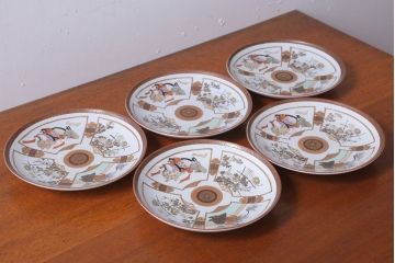 古民具・骨董　明治〜大正　九谷色絵　8寸皿5枚セット(1)