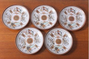 古民具・骨董　明治〜大正　九谷色絵　8寸皿5枚セット(2)