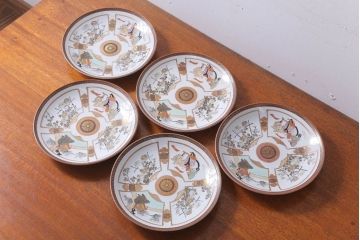 古民具・骨董　明治〜大正　九谷色絵　8寸皿5枚セット(2)
