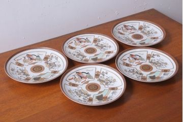 古民具・骨董　明治〜大正　九谷色絵　8寸皿5枚セット(2)