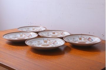 古民具・骨董　明治〜大正　九谷色絵　8寸皿5枚セット(2)