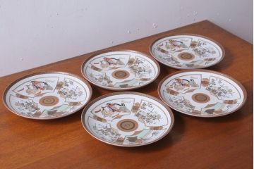 古民具・骨董　明治〜大正　九谷 8寸色絵皿5枚セット(1)