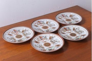 古民具・骨董　明治〜大正　九谷 8寸色絵皿5枚セット(2)