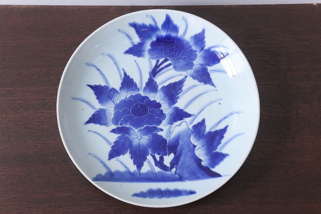 アンティーク雑貨　古民具・骨董　幕末〜明治　牡丹の図　染付　1尺2寸皿