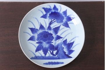アンティーク雑貨　古民具・骨董　幕末〜明治　牡丹の図　染付　1尺2寸皿