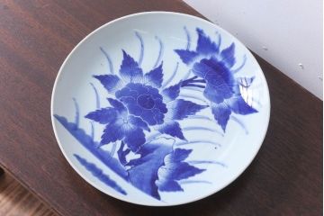 アンティーク雑貨　古民具・骨董　幕末〜明治　牡丹の図　染付　1尺2寸皿