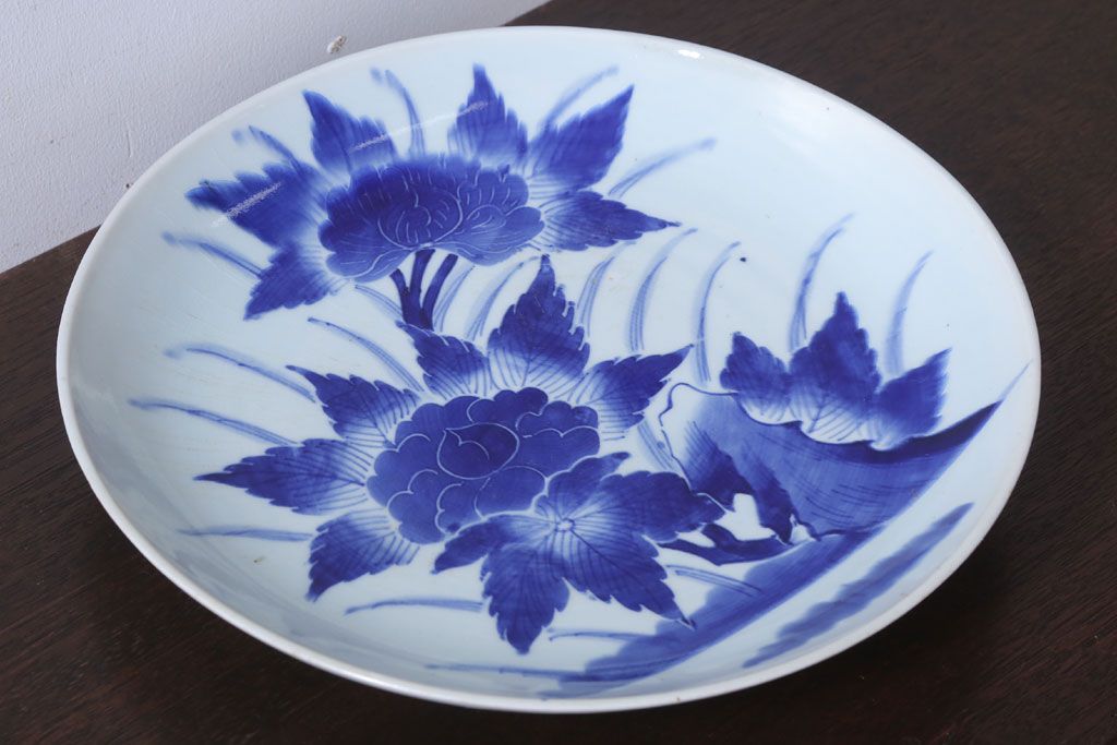 アンティーク雑貨　古民具・骨董　幕末〜明治　牡丹の図　染付　1尺2寸皿