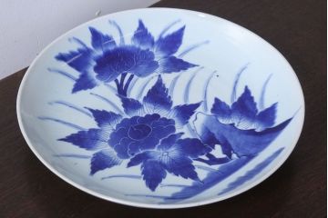 アンティーク雑貨　古民具・骨董　幕末〜明治　牡丹の図　染付　1尺2寸皿